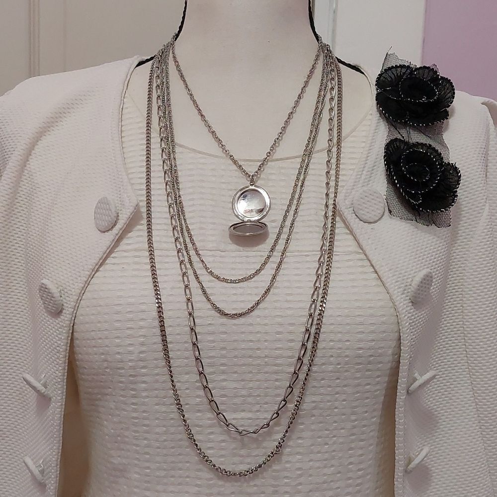 Vintage CITATION Multistrand 5 Layers Silver Tone Necklace Ornate Deco Pendant